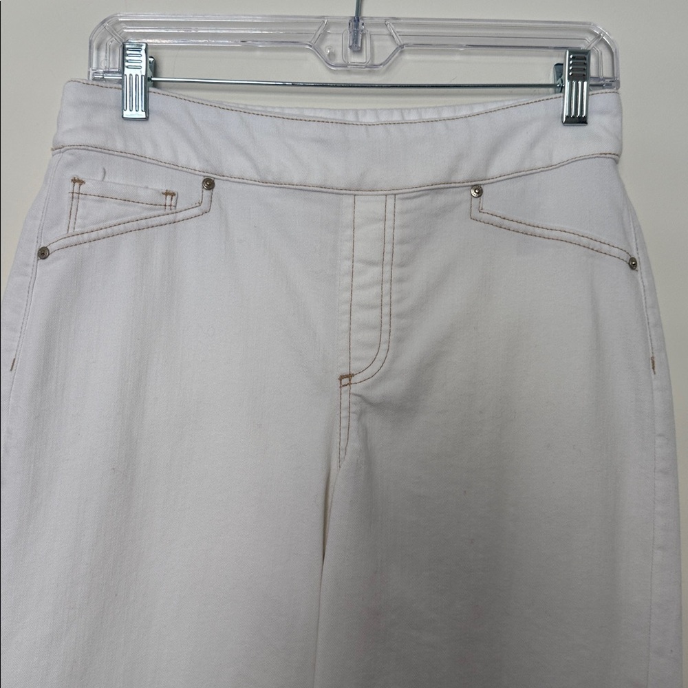 Chicos White Pull On Wide Leg Crops with Gold Jeweled Embroidery at Pants Hem. 4 - Picture 2 of 14